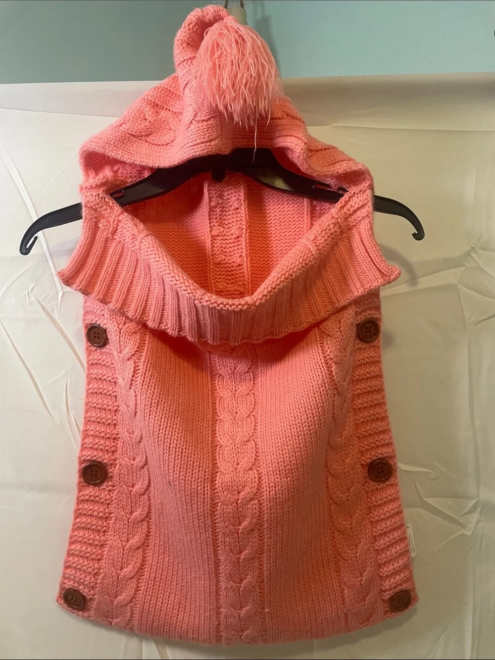 Girls' Coral Hooded Cable-Knit Poncho with Pom